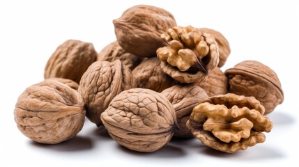 A mound of fresh walnuts on a clean white background. Generative ai