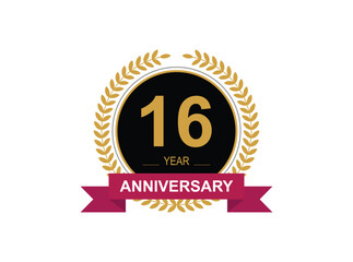 16th Anniversary Celebration. Anniversary logo design with golden color laurel wreath for birthday celebration event, invitation, greeting card, banner, poster, flyer, flyer.