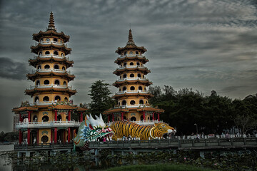 The Dragon and Tiger Pagodas temple located at Lotus Lake in Zuoying District, Kaohsiung, Taiwan.