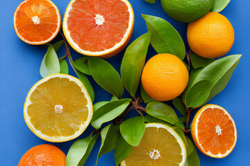 Top view of exotic citrus fruits and leaves. Bright yellow and orange colors, with green accents. Refreshing, natural, summer concept created with generative AI.