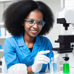 Fototapeta premium A Black female scientist works in a laboratory. Scientific research, laboratory work, female empowerment concept created with generative AI.