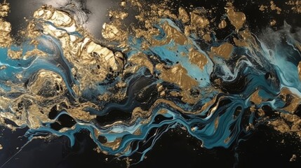 An abstract painting featuring a mix of gold and blue hues. Generative ai