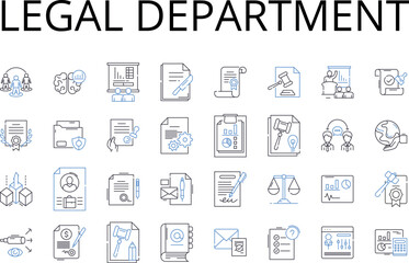 Legal department line icons collection. Marketing team, Research division, Finance department, Human resources, Sales staff, Customer service, Production unit vector and linear illustration. Executive