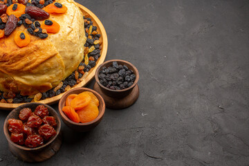 front view yummy shakh plov with dried raisins on a grey background rice cooking meal dinner food dough