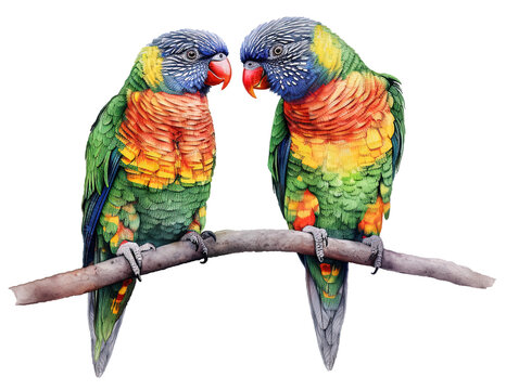 Two Colorful Lorikeet Parrots . AI generated Illustration.
