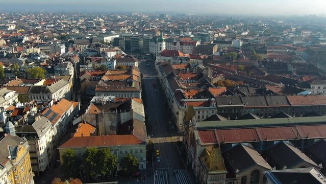 Aerial view of Budapest Great Market Hall and Fovam ter. Largest and oldest indoor market in Budapest, Hungary