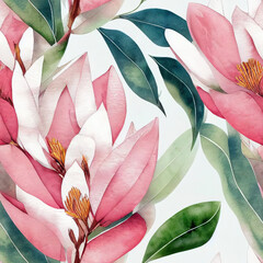 Watercolor of Seamless Pattern with Abstract Flowers and Leaves  .AI generated Illustration.