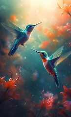 Hummingbirds Flying in Tropical Garden. AI generated Illustration.