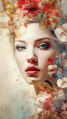 Abstract Floral Portrait of a Young Beautiful Woman  . AI generated Illustration.