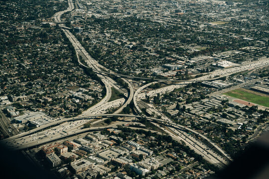 Aerial view of highway interchange with downtown city Los Angeles, USA