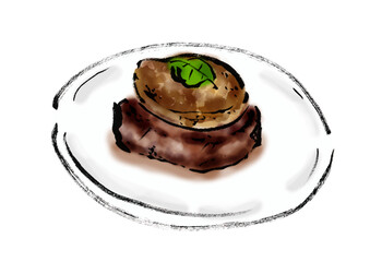 ロッシーニ風フォアグラステーキの手描き和風イラスト