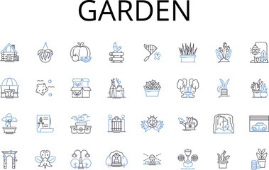 Garden line icons collection. Park, Lawn, Farm, Meadow, Orchard, Field, Botanical garden vector and linear illustration. Courtyard,Landscape,Green space outline signs set