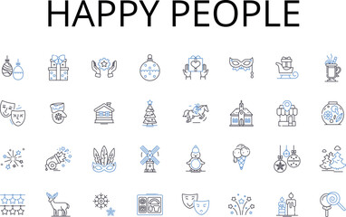 Happy people line icons collection. Joyful individuals, Contented beings, Blissful souls, Pleased personalities, Gratified folks, Elated humans, Ecstatic hearts vector and linear illustration