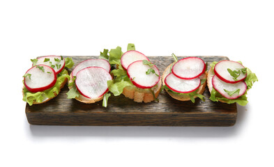 Board with delicious radish bruschettas isolated on white background