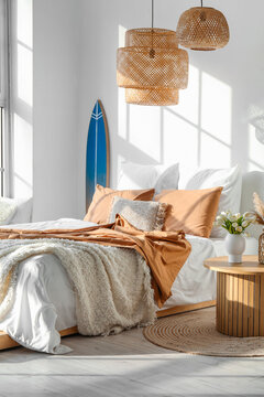 Interior of modern bedroom with surfboard and big bed