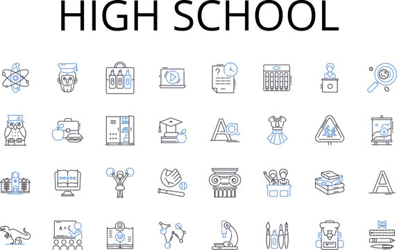 High school line icons collection. Middle school, Elementary school, Primary school, Higher education, Graduate school, Secondary education, Vocational school vector and linear illustration. College