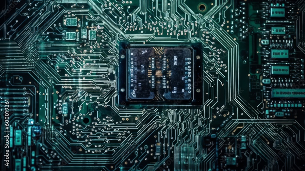 Poster a close up view of a printed circuit board with electronic components. generative ai