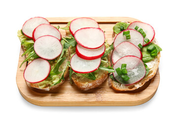 Board with delicious radish bruschettas isolated on white background