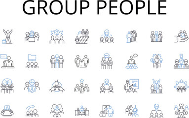 Group people line icons collection. Bunch crowd, Assembly congregation, Gathering party, Team squad, Pair couple, Duo some, Trio threesome vector and linear illustration. Quartet foursome,Mob throng