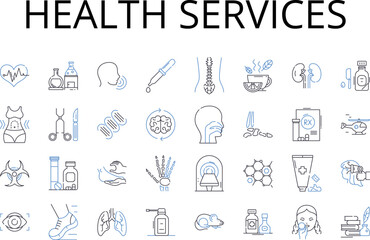 Health services line icons collection. Medical care, Wellness facilities, Healthcare institutions, Physical therapy, Healthcare providers, Holistic health, Clinical practice vector and linear