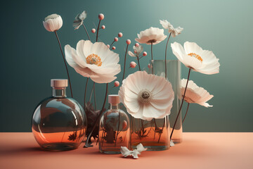 poppy flowers in glass bottles on a pink background. Generative Ai