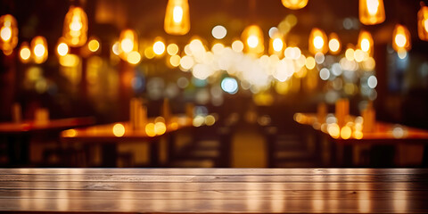 Wooden table in front of abstract blurred restaurant lights background