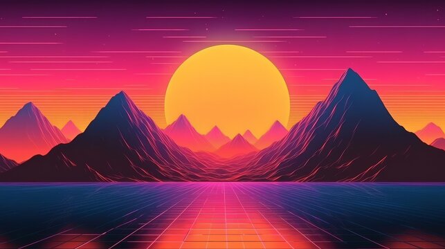 A serene mountain landscape at sunset depicted through digital painting. Generative ai