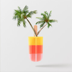 Minimal abstract caribbean concept of summer and vacation in the tropics by the sea,Colorful popsicle ice cream with palm trees growing. trendy collage background.Creative art minimal aesthetic