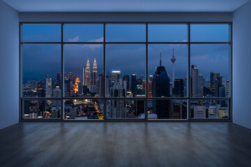 Empty room Interior Skyscrapers View Malaysia. Downtown Kuala Lumpur City Skyline Buildings from High Rise Window. Beautiful Expensive Real Estate overlooking. Night time. 3d rendering. - obrazy, fototapety, plakaty