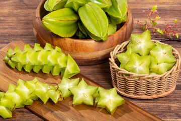 Star fruit or Carambola Green - Averrhoa Carambola; Photo On Wooden Background