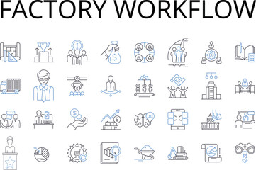 Fototapeta na wymiar Factory workflow line icons collection. Company procedures, Business structure, Organizational process, Corporate operations, Firm methodology, Commercial arrangements, Enterprise protocols vector and