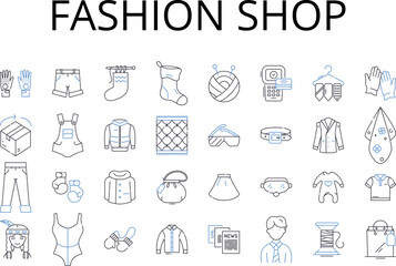 Fashion shop line icons collection. Clothing store, Style boutique, Apparel outlet, Trendy emporium, Fashion marketplace, Chic store, Clothing emporium vector and linear illustration. Stylish boutique