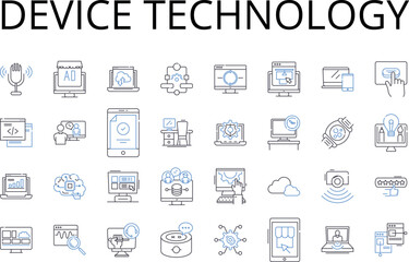 Fototapeta na wymiar Device technology line icons collection. Communication nerk, Information technology, Surveillance system, Electronic gadget, Computing technology, Digital equipment, Automation technology vector and