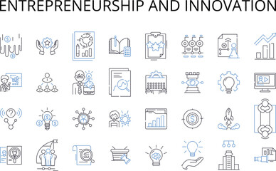 Entrepreneurship and Innovation line icons collection. Creativity and Originality, Dedication and Commitment, Wisdom and Insight, Progress and Advancement, Empowerment and Autonomy, Diversity and