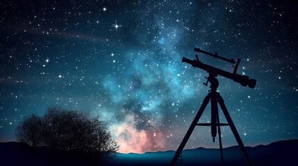 A telescope mounted on a wooden tripod under a starry night sky. Generative ai