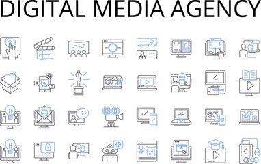 Digital media agency line icons collection. Creative studio, Marketing firm, Design agency, Advertising company, Branding agency, Communications firm, Public relations vector and linear illustration