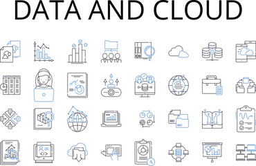 Data and cloud line icons collection. Analytics and insights, Innovation and progress, Content and marketing, Nerking and connectivity, Collaboration and teamwork, Investment and finance, Growth and