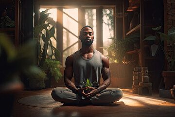 a man meditating with a plant, generative AI
