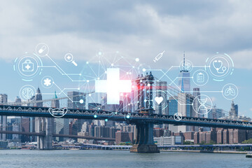 Brooklyn and Manhattan bridges with New York City financial downtown skyline panorama at day time over East River. Health care digital medicine hologram. The concept of treatment, disease prevention