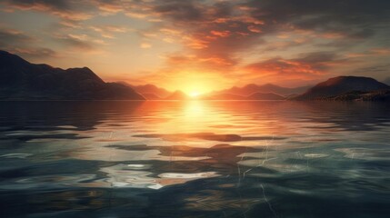 A serene sunset over a calm body of water. Generative ai