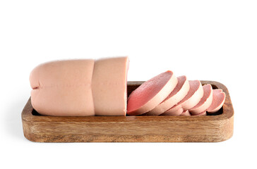 Wooden board with tasty sliced boiled sausage on white background © Pixel-Shot