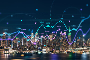 Obraz na płótnie Canvas New York City skyline from New Jersey over Hudson River with skyscrapers at night, Manhattan, Midtown, USA. Forex graph hologram. The concept of internet trading, brokerage and fundamental analysis