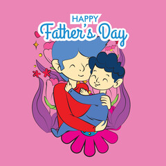 father's day illustration with dad hug baby and floral frame