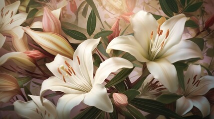 A beautiful bouquet of white flowers with green leaves. Generative ai