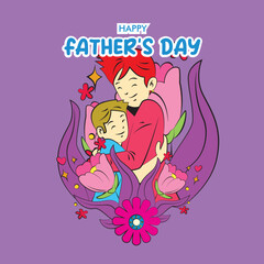 father's day illustration with dad hug baby and floral frame