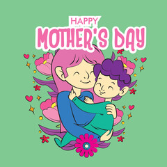 mother's day illustration with mom hug baby and floral frame