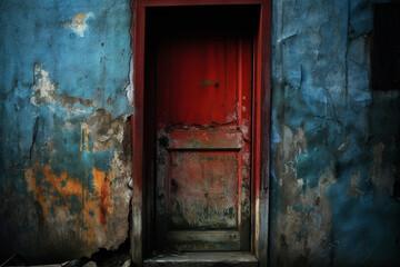 Fototapeta na wymiar Closeup shot of a rusty red door with blue color peeling wall - Generative AI
