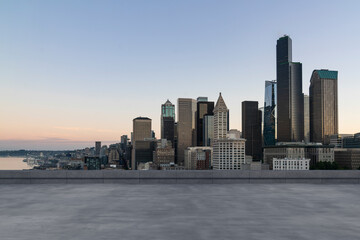 Obraz premium Skyscrapers Cityscape Downtown, Seattle Skyline Buildings. Beautiful Real Estate. Sunset. Empty rooftop View. Success concept.