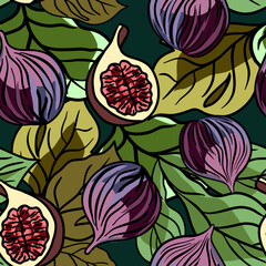 Seamless floral pattern with figs and leaves vector illustration 