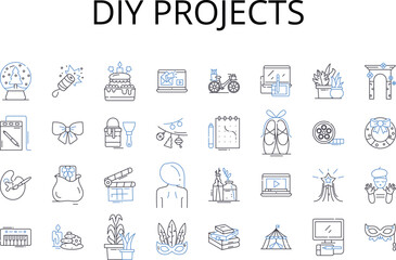 DIY projects line icons collection. Home improvement, Craft ideas, Art projects, Outdoor activities, Science experiments, Educational games, Creative pursuits vector and linear illustration. Beauty